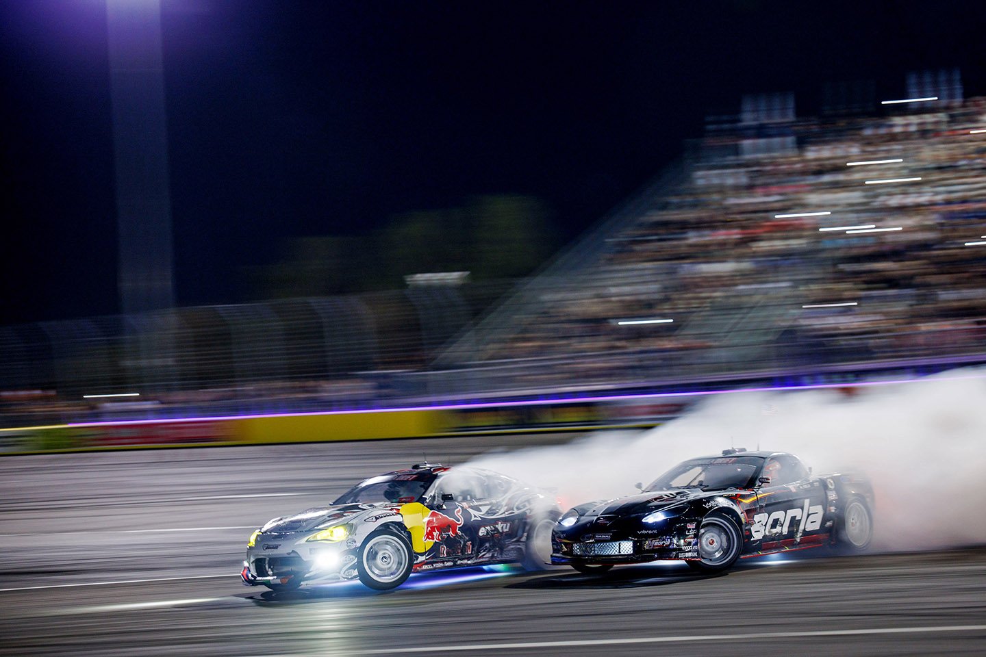 Conor Shanahan's Red Bull / GT Radial / JYR Toyota GT86 against Matt Field's Borla Corvette in the PRO final — a battle the judges gave to Shanahan unanimously.