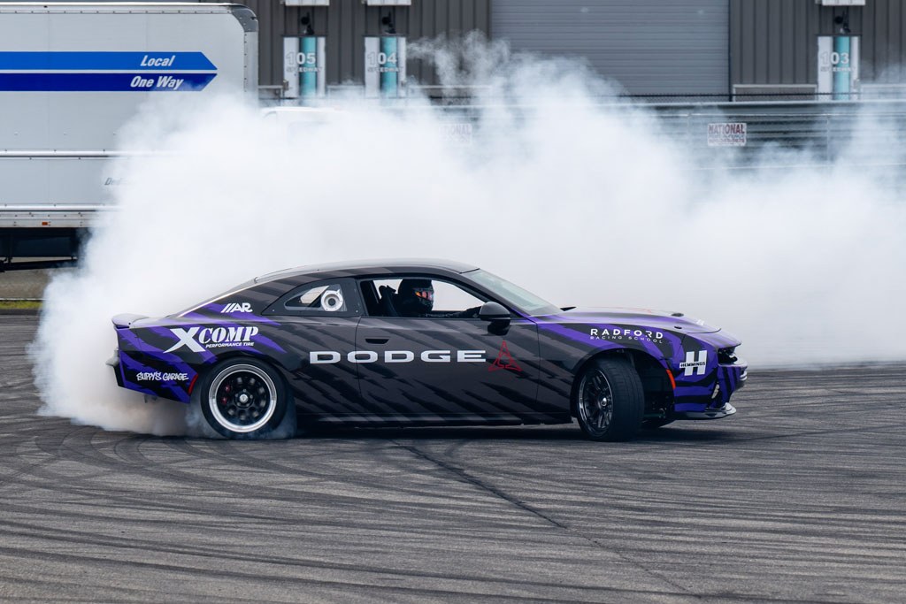 The BOOST Coupe on the skidpad. The factory all-wheel-drive, automatic-transmission Charger has been converted to rear-wheel drive with a competition manual behind a custom bellhousing.