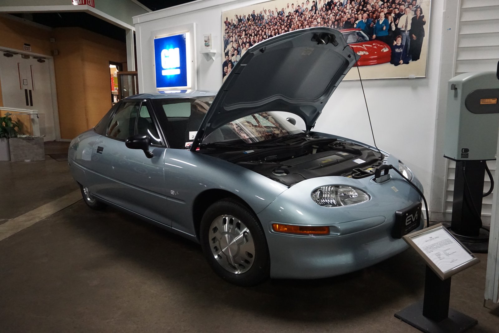 A surviving 1996 EV1 on permanent display at the R.E. Olds Transportation Museum — one of only a handful GM didn't crush after the lease recall.
