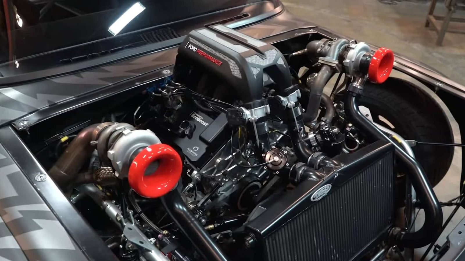 The Hoonitruck's 3.5L twin-turbo EcoBoost V6, derived from Ford's Le Mans GT race program, making 914-917 hp.